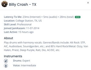 Viewing a musician profile to find others to play music together live and in sync online over the Internet